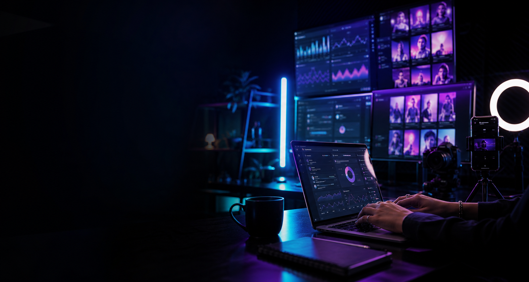 Creator workspace with content planning screens and electric accent lighting